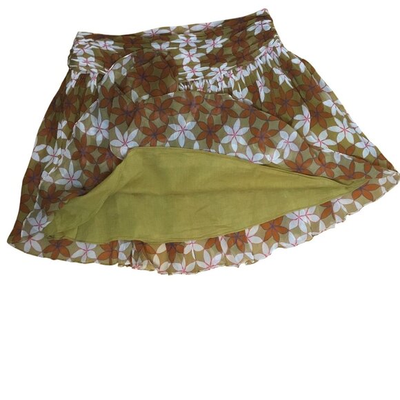 GUAPA Ruched Waist Geo Earthtone Floral Chiffon Mini Skirt M Boho Layered Lined - Picture 4 of 9